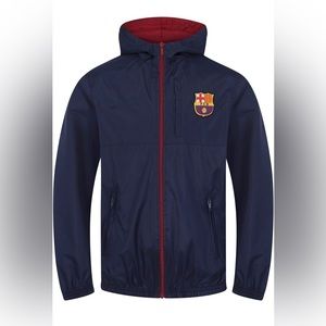 NEW! FC Barcelona Official Hooded Full Zip Jacket Windbreaker Navy Boys 12/13 Yr